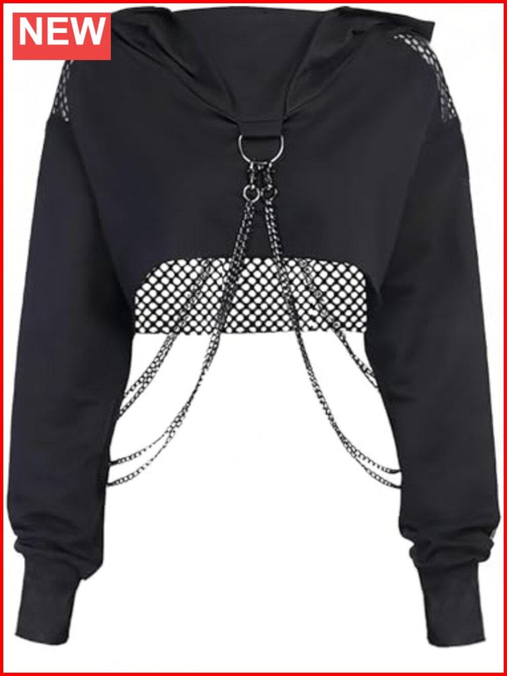 Fishnet Cropped Hoodie Long Sleeve Mesh Chain Top